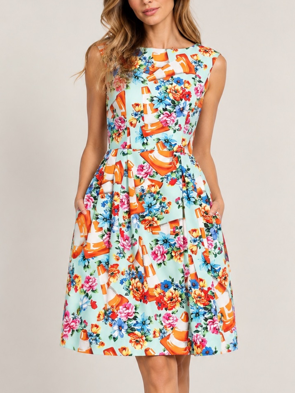 Moschino Couture! Floral Traffic Cone Print Dress Fit Flare Orange Blue Size 4